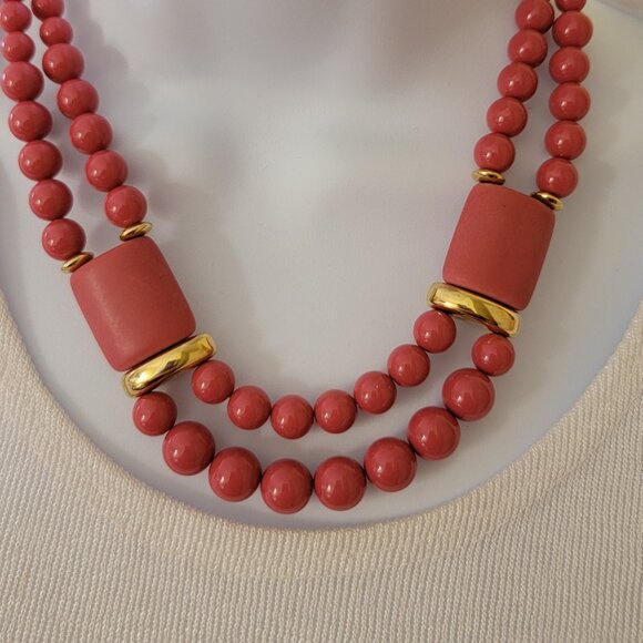 Vintage Beaded Necklace Two Strand Two Barrel Shaped Beads Pink Gold Tone - Picture 6 of 10